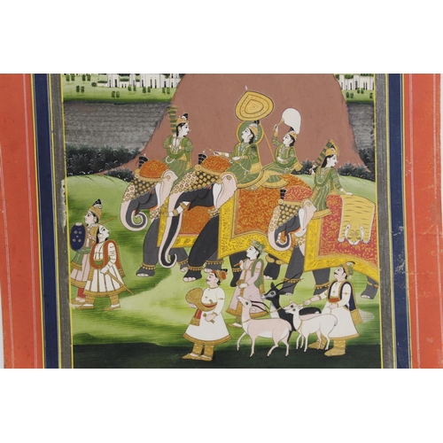 332 - MUGHAL SCHOOL.Procession with elephants passing by a stupa or sacred rock on a river bank.Gouache he... 