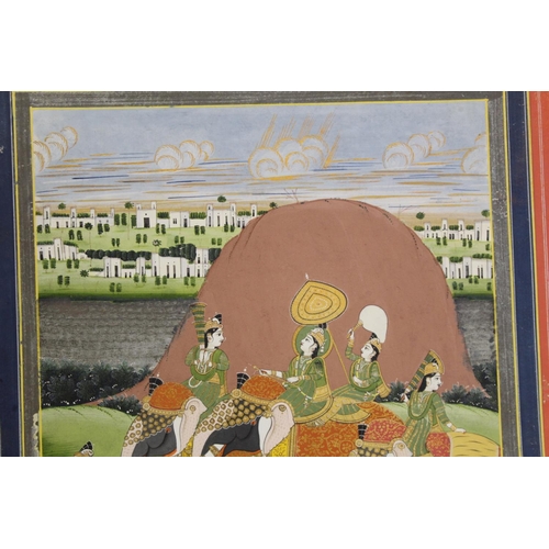 332 - MUGHAL SCHOOL.Procession with elephants passing by a stupa or sacred rock on a river bank.Gouache he... 