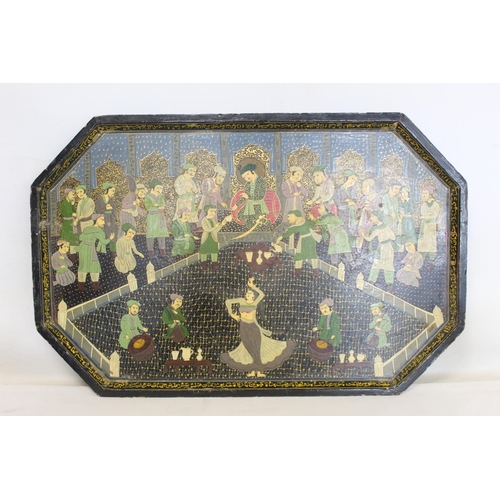 334 - Indian painted lacquered tray of octagonal form depicting a court scene with dancer, 54cm wide; an I... 