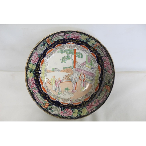 338 - Large early 19th century Mason's wash bowl with polychrome enamel and transfer decoration in the Chi... 