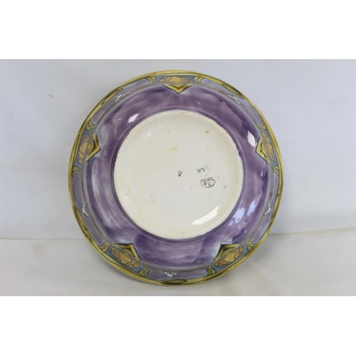 339 - Large Minton Secessionist wash bowl with stylised floral panels in lavender, yellow, ochre and blue,... 