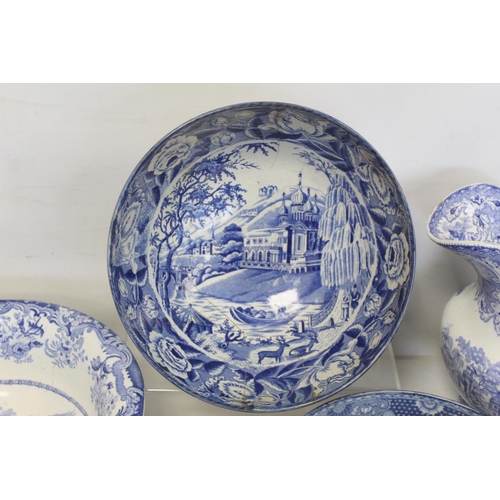 340 - Eight pieces of early 19th century blue and white transfer pattern pottery, including 