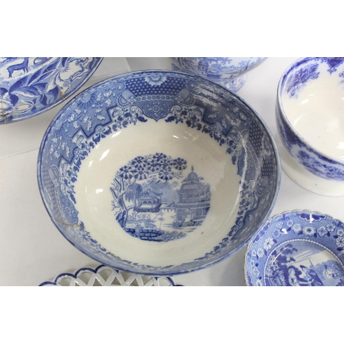 340 - Eight pieces of early 19th century blue and white transfer pattern pottery, including 