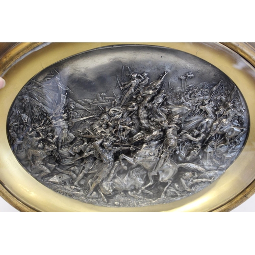 344 - Pair of 19th century Justin Mathieu high relief white metal panels depicting a crusader battle and a... 