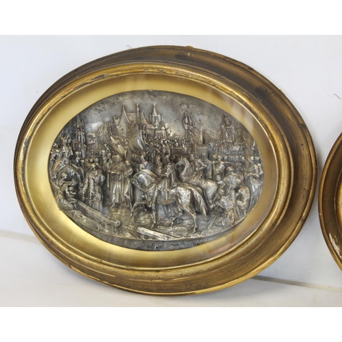 344 - Pair of 19th century Justin Mathieu high relief white metal panels depicting a crusader battle and a... 