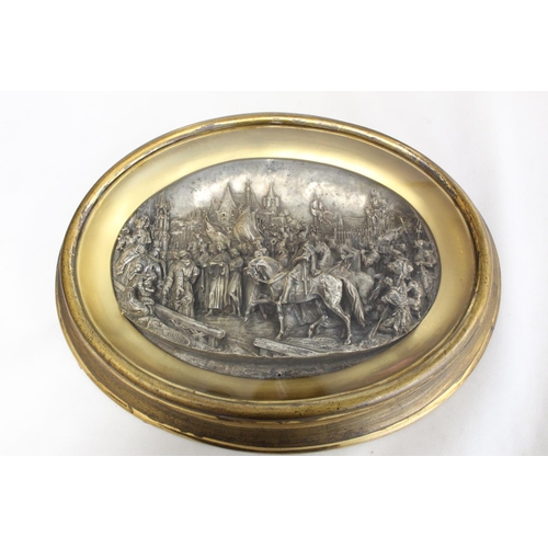 344 - Pair of 19th century Justin Mathieu high relief white metal panels depicting a crusader battle and a... 