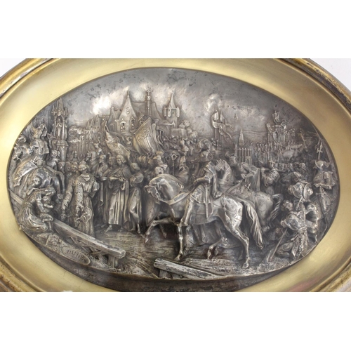 344 - Pair of 19th century Justin Mathieu high relief white metal panels depicting a crusader battle and a... 