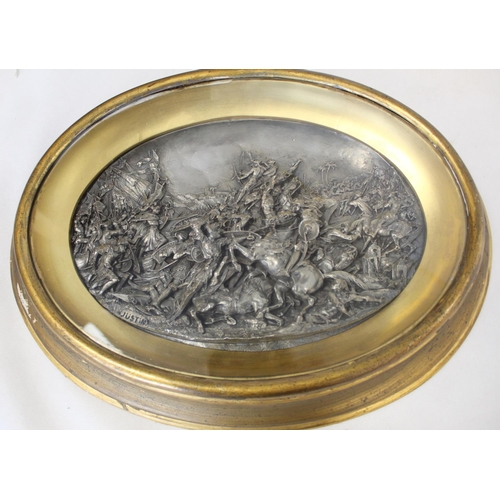 344 - Pair of 19th century Justin Mathieu high relief white metal panels depicting a crusader battle and a... 