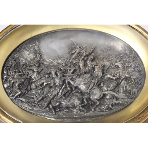 344 - Pair of 19th century Justin Mathieu high relief white metal panels depicting a crusader battle and a... 