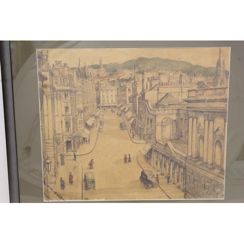 353 - HAROLD YATES (20TH CENTURY BRITISH SCHOOL).City street scene.Watercolour over pencil on buff paper.3... 