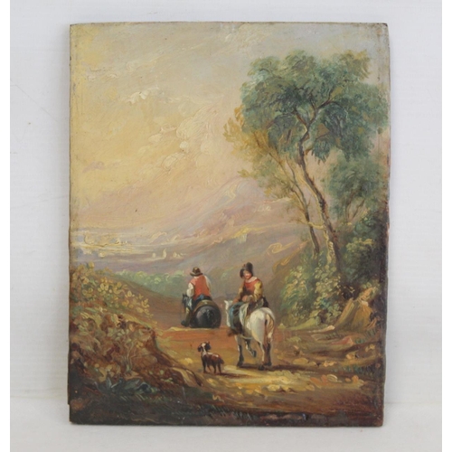 365 - 19TH CENTURY SCHOOL.Figures on horseback on a country road.Oil on panel.21cm x 17cm.Inscribed 