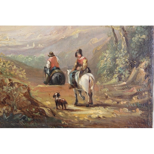 365 - 19TH CENTURY SCHOOL.Figures on horseback on a country road.Oil on panel.21cm x 17cm.Inscribed 