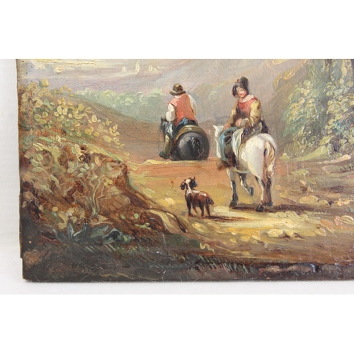 365 - 19TH CENTURY SCHOOL.Figures on horseback on a country road.Oil on panel.21cm x 17cm.Inscribed 