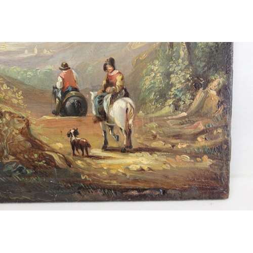 365 - 19TH CENTURY SCHOOL.Figures on horseback on a country road.Oil on panel.21cm x 17cm.Inscribed 