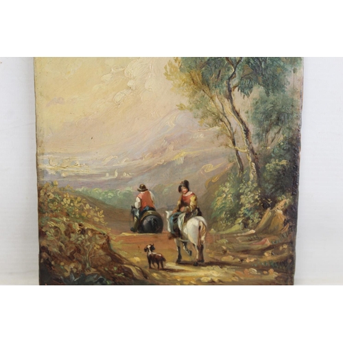 365 - 19TH CENTURY SCHOOL.Figures on horseback on a country road.Oil on panel.21cm x 17cm.Inscribed 