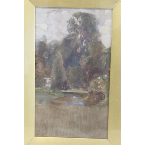 421 - MANNER OF SIR EDWIN HENRY LANDSEER.Parkland with waterfall and stream.Oil on panel.23cm x 13cm.Bears... 