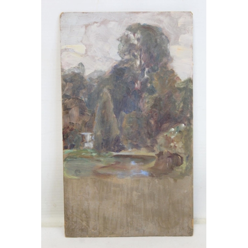 421 - MANNER OF SIR EDWIN HENRY LANDSEER.Parkland with waterfall and stream.Oil on panel.23cm x 13cm.Bears... 