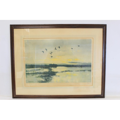 430 - Two Peter Scott colour prints of ducks flying over wetlands at dusk, both signed in pencil, 39cm x 5... 