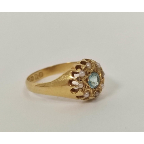 101 - Aquamarine paste and pearl ring in 18ct gold, 3.8g. 