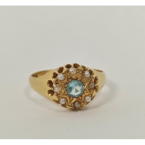 101 - Aquamarine paste and pearl ring in 18ct gold, 3.8g. 