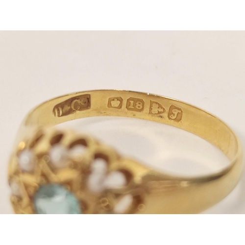 101 - Aquamarine paste and pearl ring in 18ct gold, 3.8g. 