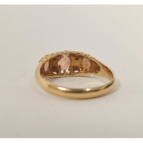 103 - 18ct gold ring with three opals and diamond points, 1914. Size 'P'.