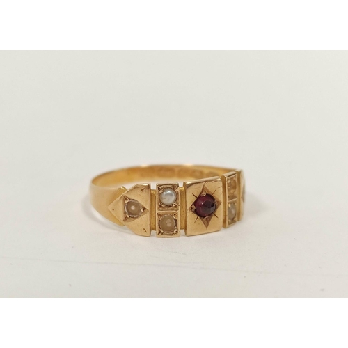 107 - 15ct gold ring with garnet and pearls, 1887 (2.6g) and a citrine ring, 4.8g. (2).