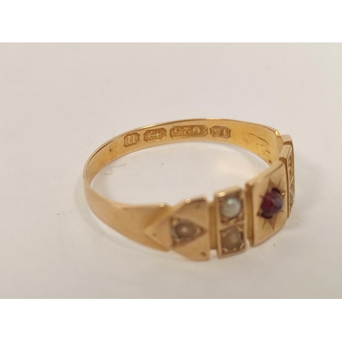 107 - 15ct gold ring with garnet and pearls, 1887 (2.6g) and a citrine ring, 4.8g. (2).