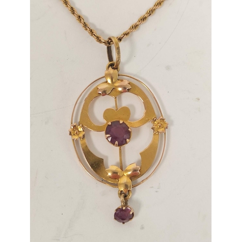 112 - Gold oval pendant of Art Nouveau style with amethyst on gold Prince of Wales necklet '9ct', 3.9g.