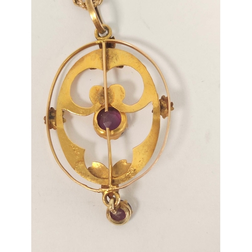 112 - Gold oval pendant of Art Nouveau style with amethyst on gold Prince of Wales necklet '9ct', 3.9g.