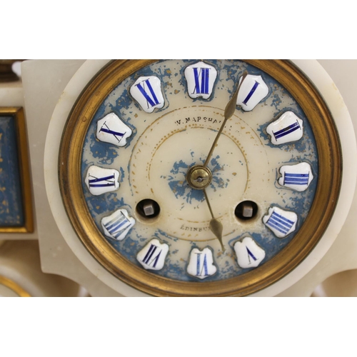 113 - French mantel clock for Marshall, Edinburgh, in alabaster case with blue and gilt panels. 41cm.