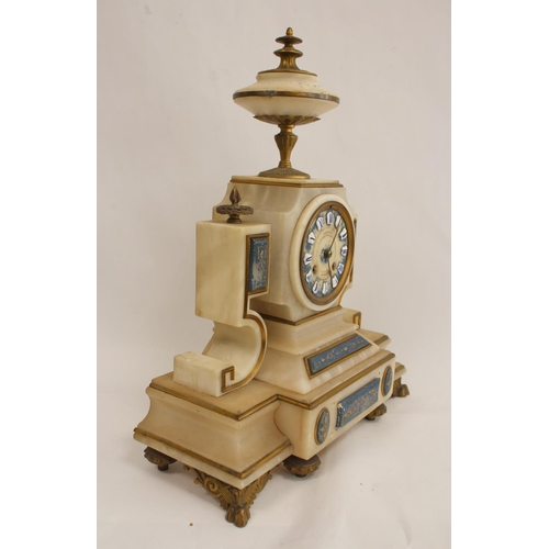 113 - French mantel clock for Marshall, Edinburgh, in alabaster case with blue and gilt panels. 41cm.