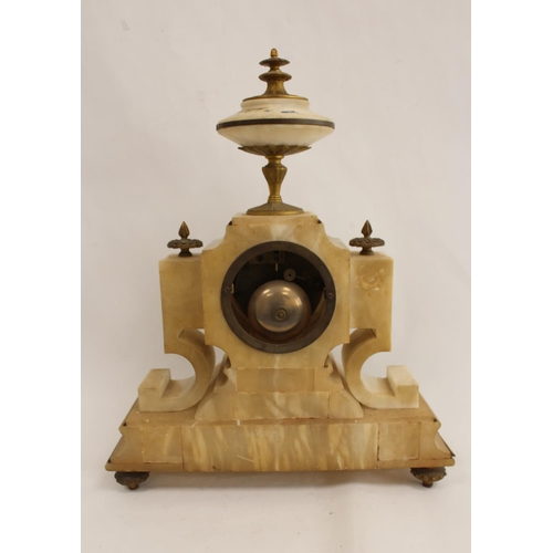 113 - French mantel clock for Marshall, Edinburgh, in alabaster case with blue and gilt panels. 41cm.