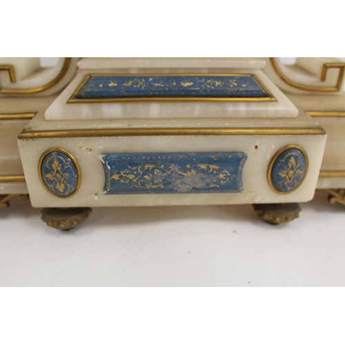 113 - French mantel clock for Marshall, Edinburgh, in alabaster case with blue and gilt panels. 41cm.