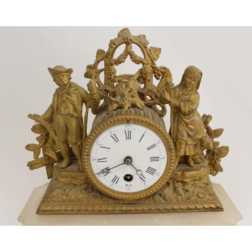 114 - French spelter mantle timepiece with two figures on giltwood base. 32cm.