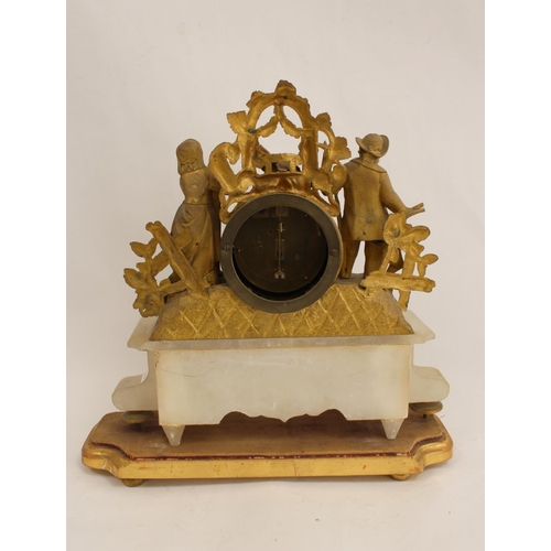 114 - French spelter mantle timepiece with two figures on giltwood base. 32cm.