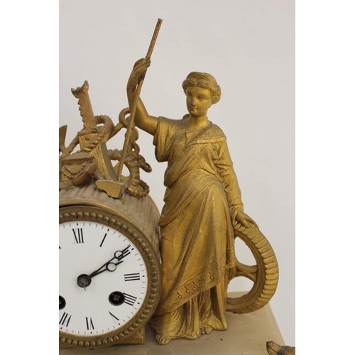 115 - French spelter mantel clock with figure representing Industry. 32cm.