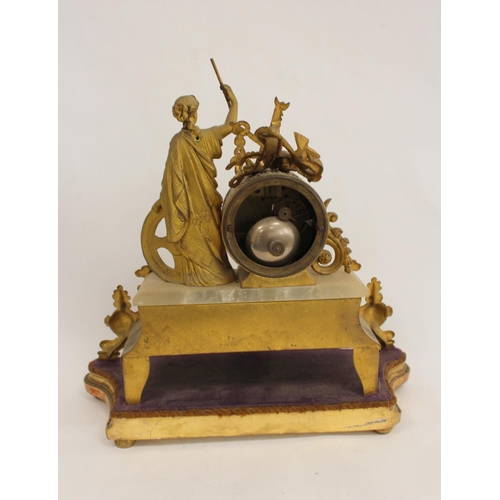 115 - French spelter mantel clock with figure representing Industry. 32cm.