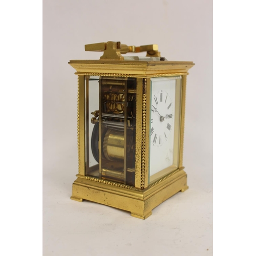 120 - French carriage clock, quarter repeating, with silvered platform and compensated balance, in gilt ca... 