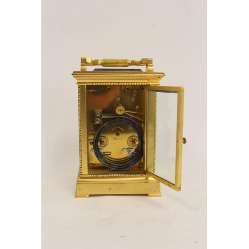 120 - French carriage clock, quarter repeating, with silvered platform and compensated balance, in gilt ca... 