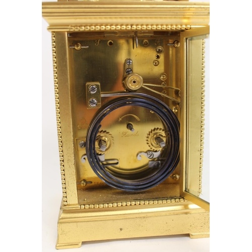 120 - French carriage clock, quarter repeating, with silvered platform and compensated balance, in gilt ca... 