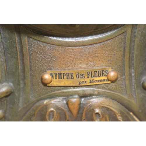 125 - French mantel clock 'Nymphe des Fleurs' after Moreau with florally painted dial on bronze spelter on... 