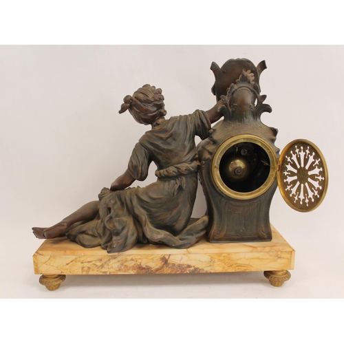 125 - French mantel clock 'Nymphe des Fleurs' after Moreau with florally painted dial on bronze spelter on... 