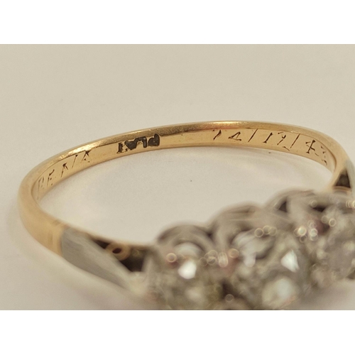 13 - Diamond three stone ring with old cut brilliants, the largest approx. 4mm in gold and platinum.