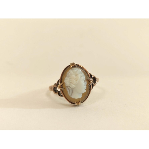 64 - Onyx cameo ring in 9ct gold, indistinct Chester assay c1930. Size 'R'.