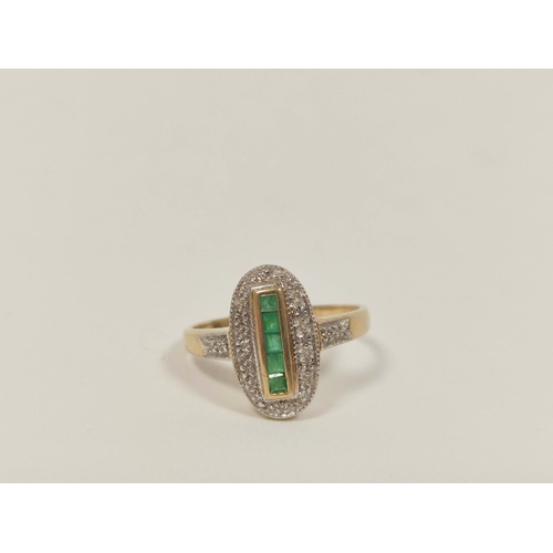 66 - Finger ring with five square emeralds, surrounded by small diamonds, in 9ct gold. Size 'U'.