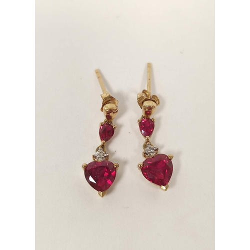 68 - Pair of synthetic ruby and diamond drop earrings.