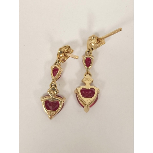 68 - Pair of synthetic ruby and diamond drop earrings.