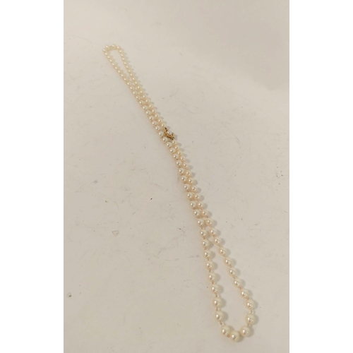 73 - Cultured pearl necklace, opera length adaptable to form a two row on 9ct gold pearl cluster snap.