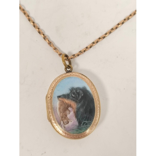 94 - Gold backed locket with enamelled oval of a hound and rabbit, gold necklet '9ct'.